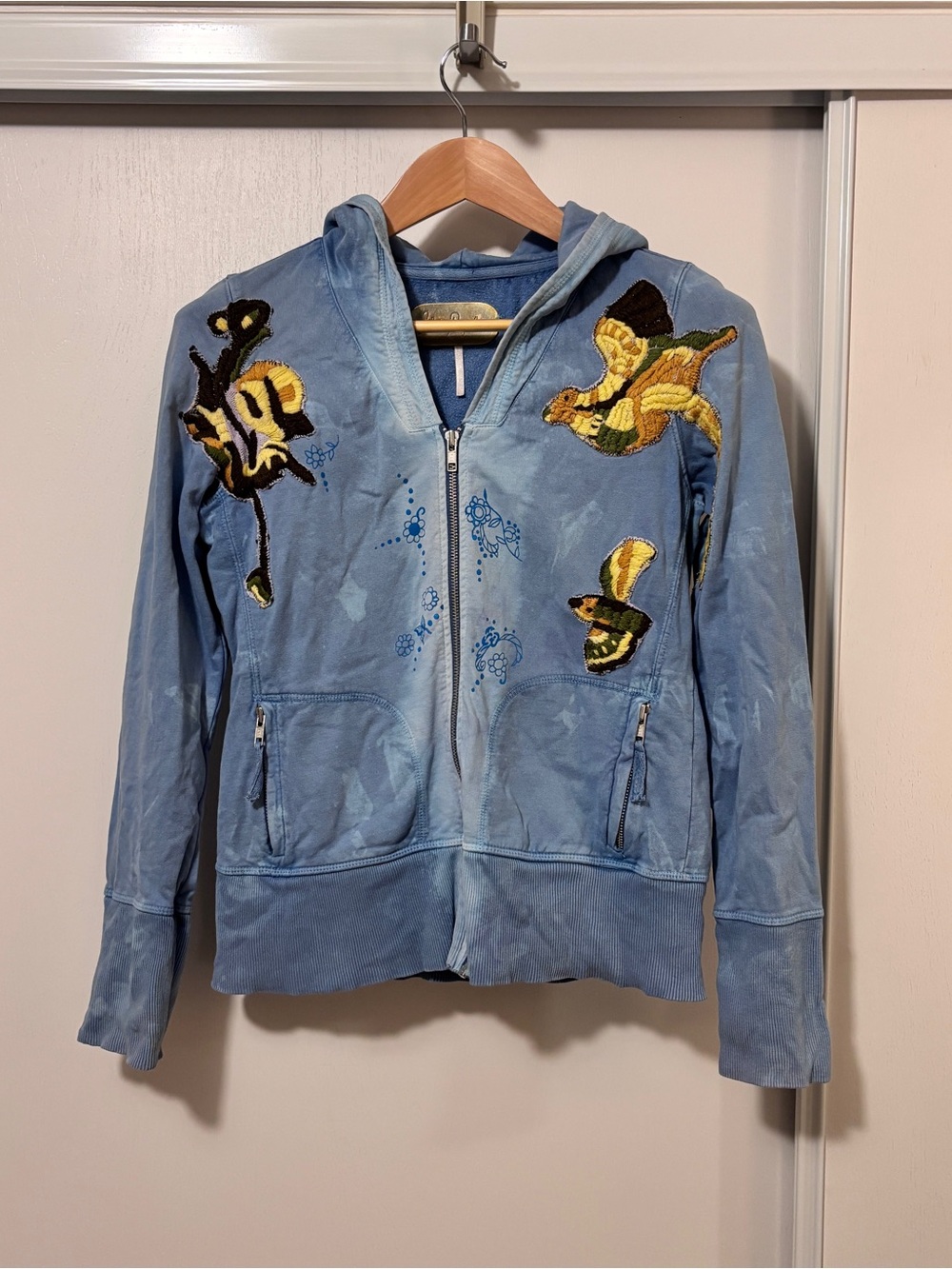VTG Y2K Free People Hoodie Size Small Blue Tie Dye Birds Butterflies Boho Floral